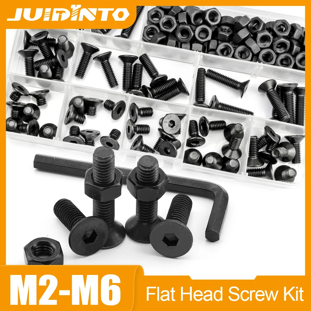 Countersunk Flat Head Hex Socket Cap Screws Kit M2 M2.5 M3 M4 M5 M6 Carbon Steel Allen Bolt and Nut and Washer Assortment Kit