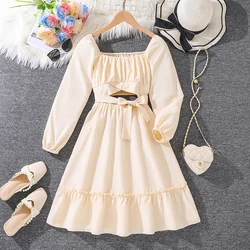 Children Dress For Girls Solid Color Square Collar Long Sleeve Elegant Princess Dress Style Wedding Dress Party Dress Kids Gown