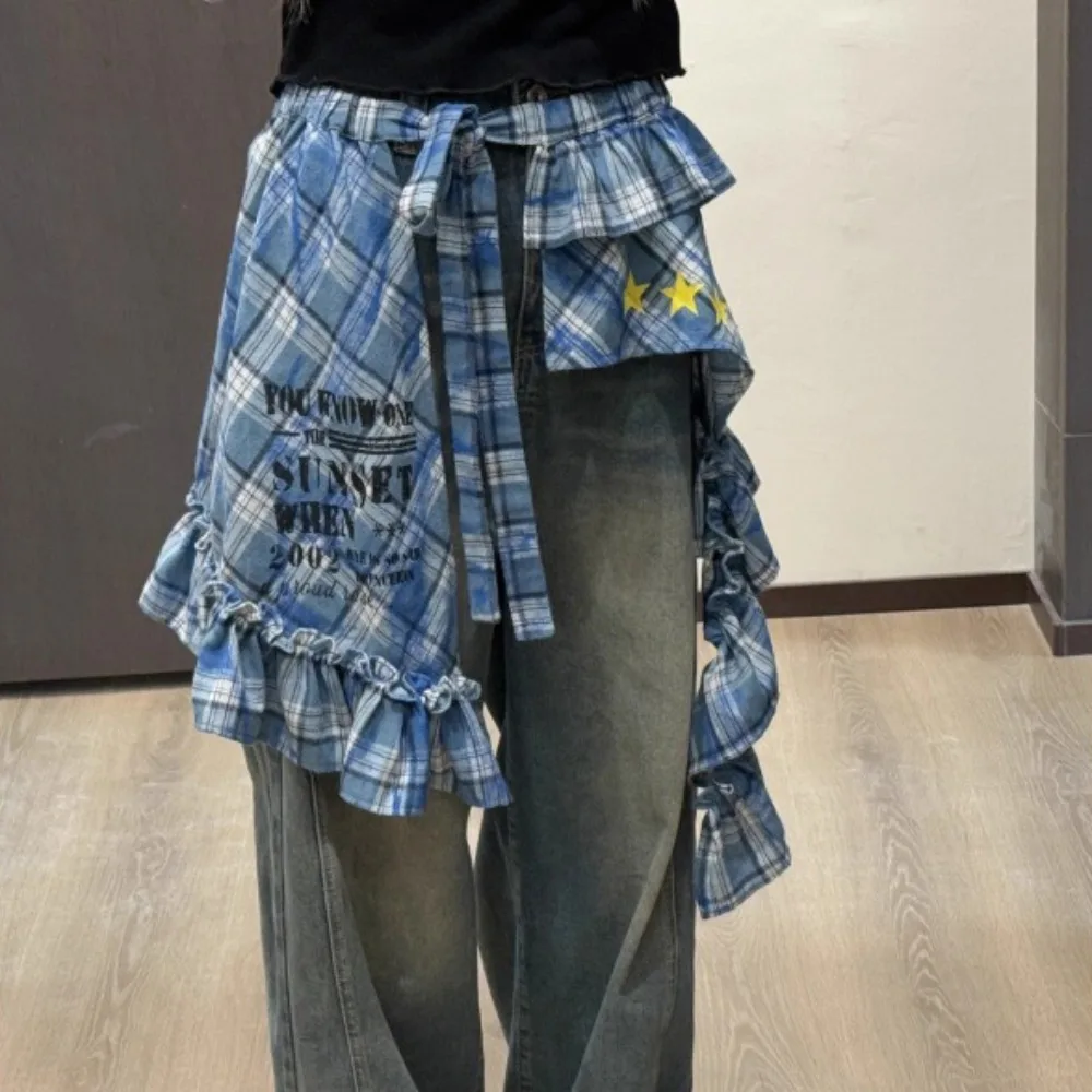 ชุดแฟชั่นสไตล์สตาร์เลเยอร์ กระโปรงลายสก็อต เสื้อต่อผ้า ผ้าพันคอหวานแบบผูกเชือก ผ้าคาดเอวแต่งระบายสไตล์ฮิปฮอป Y2K ตกแต่งกางเกงยีนส์