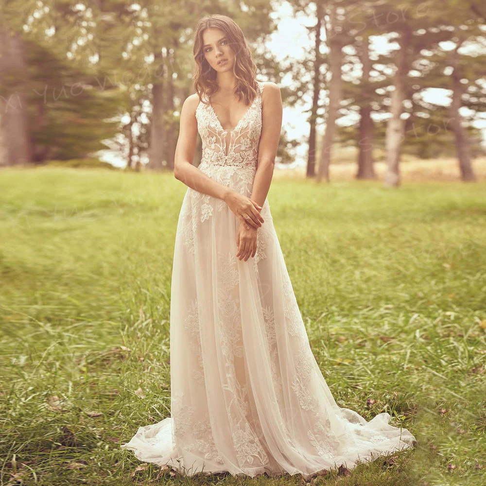 Vestido De novia De corte en A para mujer, traje bohemio exquisito con apliques De encaje, sin mangas, Espalda descubierta, cuello en V