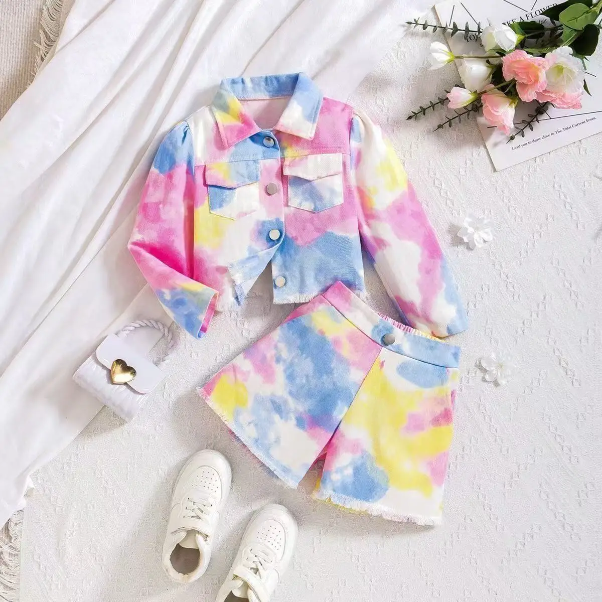 مجموعة ألوان الفتيات لربيع وخريف 2025 أزياء أجنبية جديدة للأطفال ربطة عنق صبغ تقليد الدنيم طقم مكون من قطعتين 4-7 سنوات #2