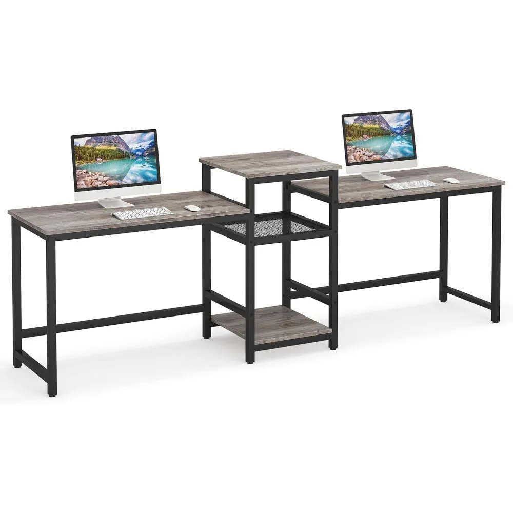 Tribesigns Extra Long Two Person Desk with Storage Shelves, 96.9 inch Double Computer Desks with Printer Shelf for 2 People, Rus