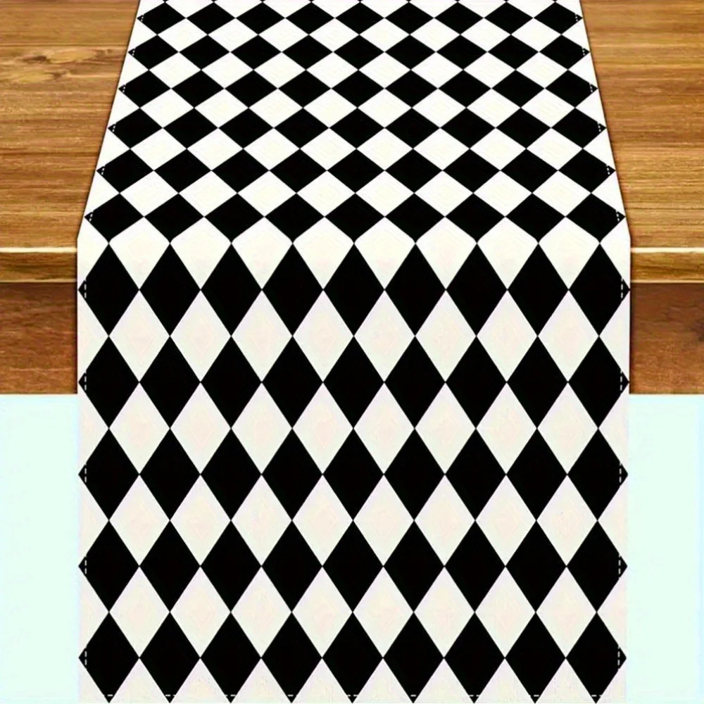 Black White Argyle Table Runner 2D Flat Print Stylish Decor Dining Table Kitchen Table Runner Charming Functional Modern Lively