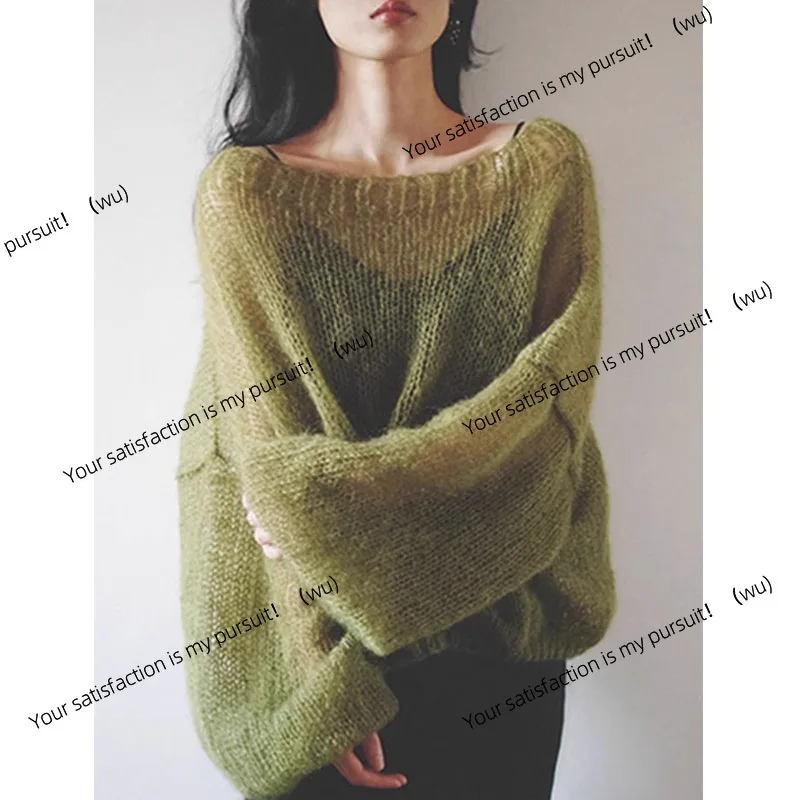 

Hollow sweater women's one-word collar high-end mohair green fashion early autumn explosion pure hand-woven top