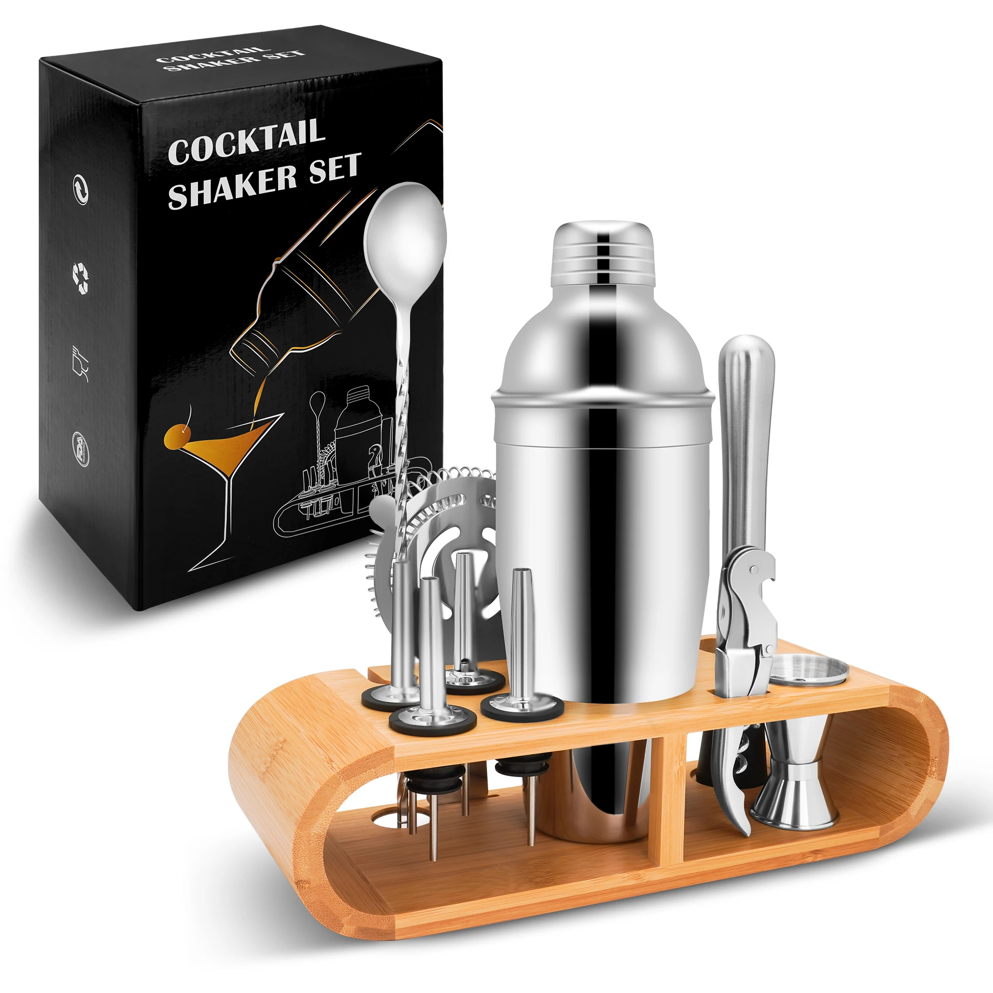 

Hot Sale Shaker Set 25oz Bar Accessories 12 Pieces Bar Tools 750ml Bar Tools Stainless Steel Bartender Set Kit