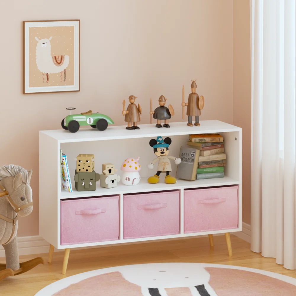 Kinder-Bücherregal mit zusammenklappbaren Stoffschubladen, Kinderbuch-Display, Spielzeug-Aufbewahrungsschrank, Organizer, Weiß/Rosa