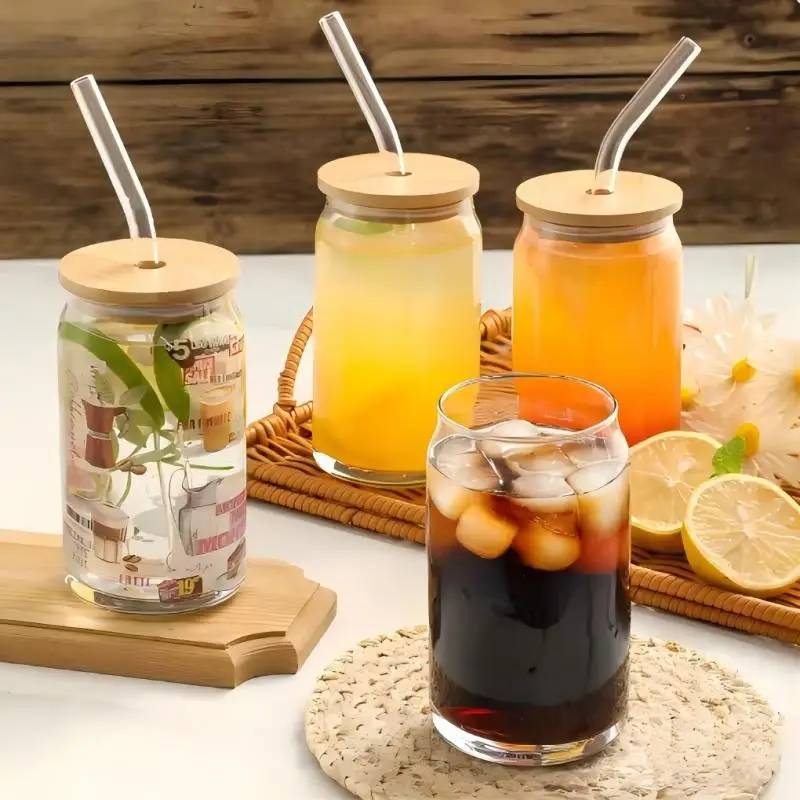 1/2/4/6 Uds taza de vidrio en forma de lata con tapa y pajita 350ml/550ml taza transparente de té, jugo y cerveza de burbujas para fiesta de bebidas frías