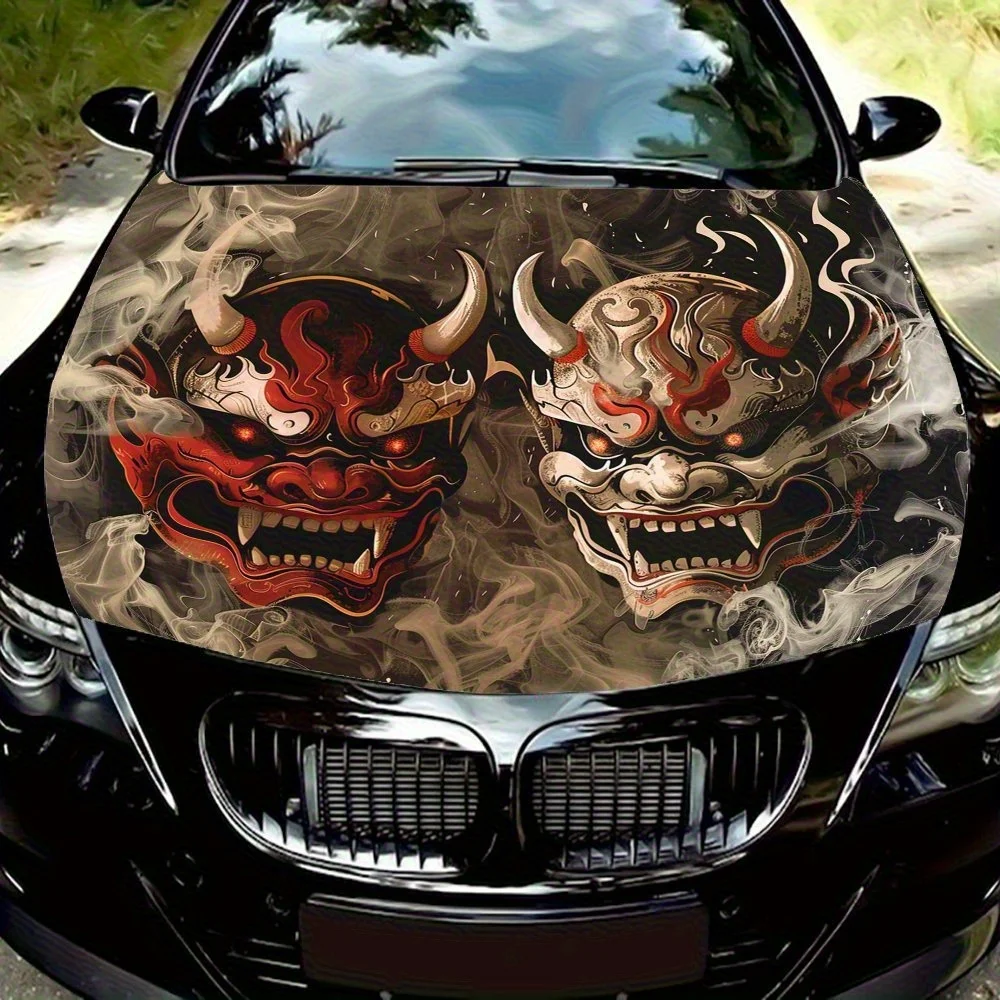 

Japanese Ukiyo-e Style Demon Face Mask Car Hood Decal, Durable PVC Vinyl Wrap For Most Vehicles, Engine Cover Protective Film, R