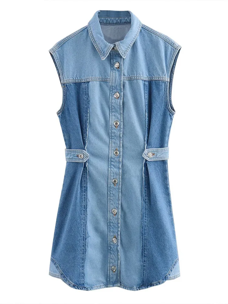 

2024 Summer New Arrivals Women's Fashion Temperament Lapel Waist Slim Fit Mini Sleeveless Denim Splicing Dress