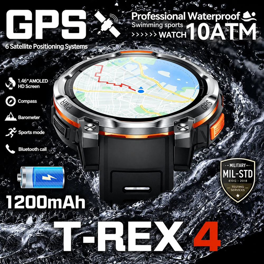 New T-Rex 4 Military Grade 1200mAh Battery Smart Watch Waterproof GPS Compass Altimeter Bluetooth Call Men Swim Sport Smartwatch