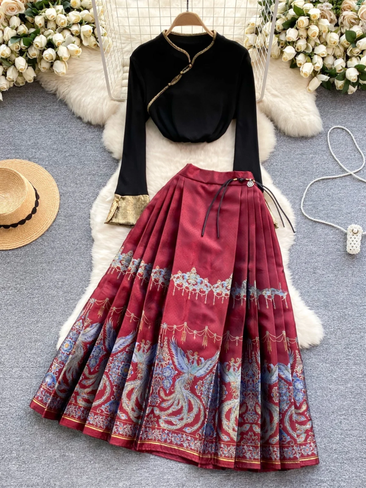 Conjunto de saia midi de cintura alta f novo estilo chinês manga sino superior versátil conjunto de duas peças moda pr...