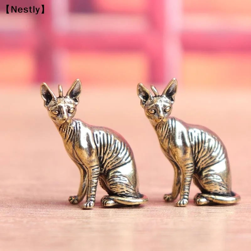 Solid Brass Hairless Cat Small Statue Desktop Ornaments Vintage Animal Figurines Model Lucky Home Decora Crafts Access〔Nest〕