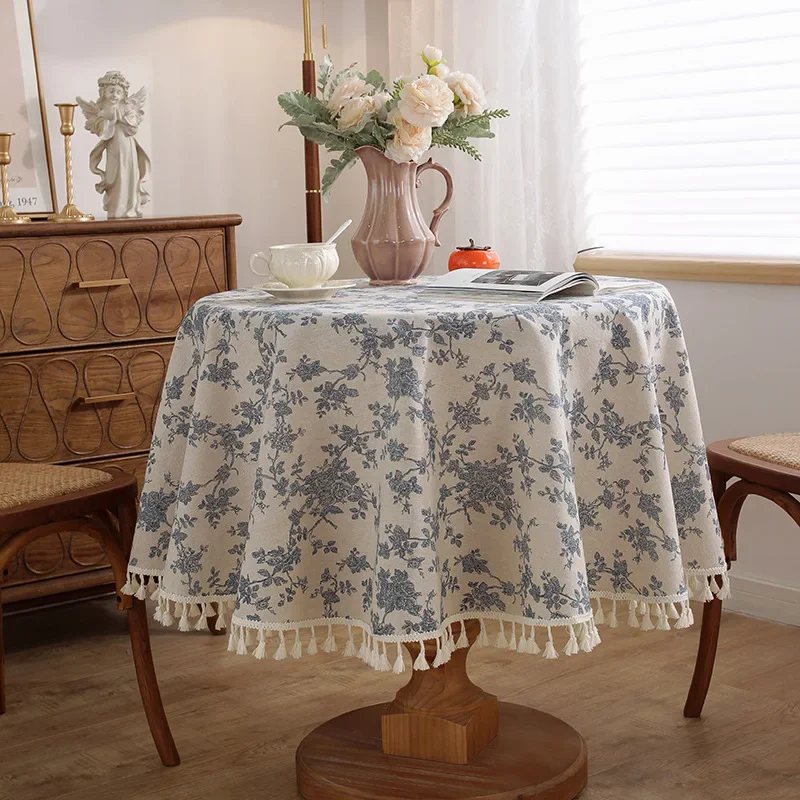 Floral Linen Cotton Tablecloth With Tassel retro nappe de table Table Cover round Dining Table Cover Tea Table Cloth Tafelkleed