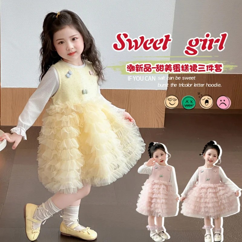 

Милый и стильный комплект из сетчатой юбки и топа для девочек, новая модель 2026 года, весеннее платье для маленьких девочек с бантом на спине.