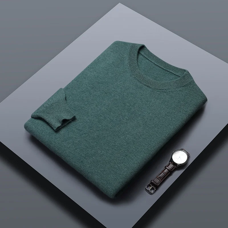 Classic Solid Color Men\'s O-neck Sweater Autumn Winter 100% Merino Wool Knitted Pullover Long Sleeve Warm Loose Casual Men Tops