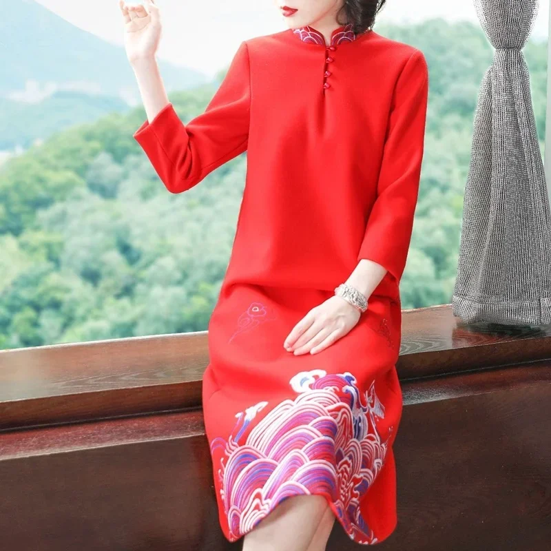 Qipao red cheongsams Chinese style long sleeve dress winter warm fleece thick improve national traditional New Year dress 11634