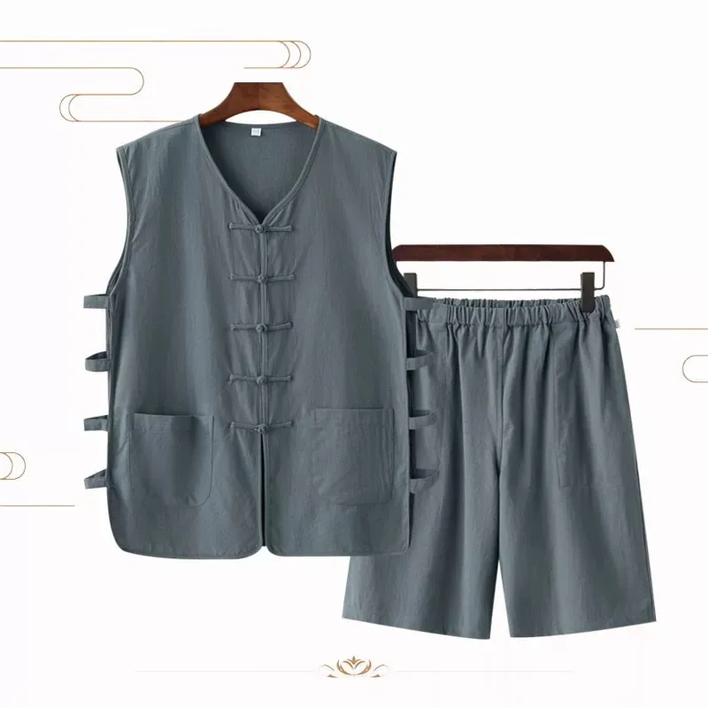 Loose Breathable Thin Men's Tang Suit Vest And Shorts Set Buttoned Retro Coat Casual Summer Clothing Comfortable Sweatshirt