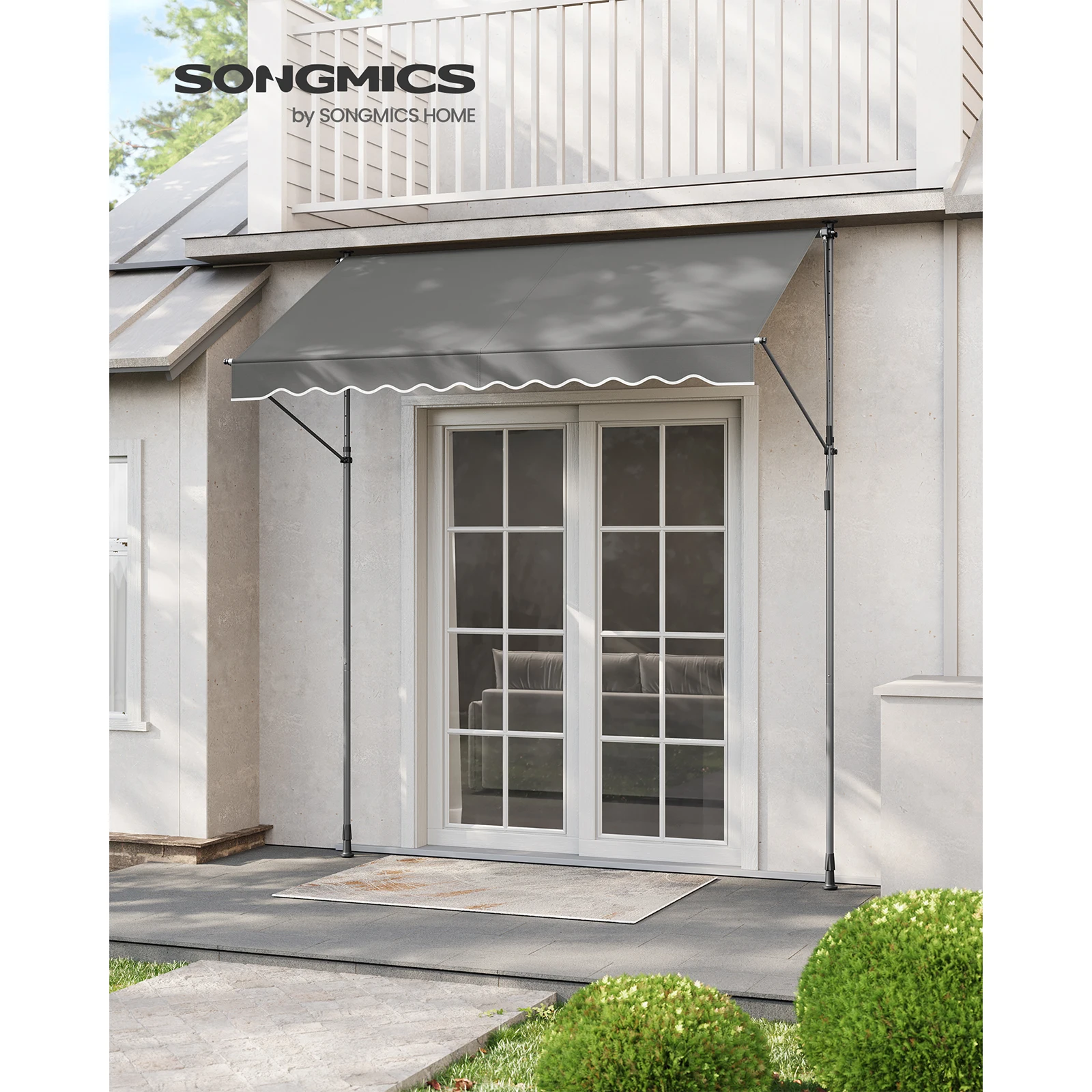 SONGMICS Retractable Awning, Manual Sunshade, Height-Adjustable with Crank, for Balcony Garden Patio, 250 x 120 cm, Grey