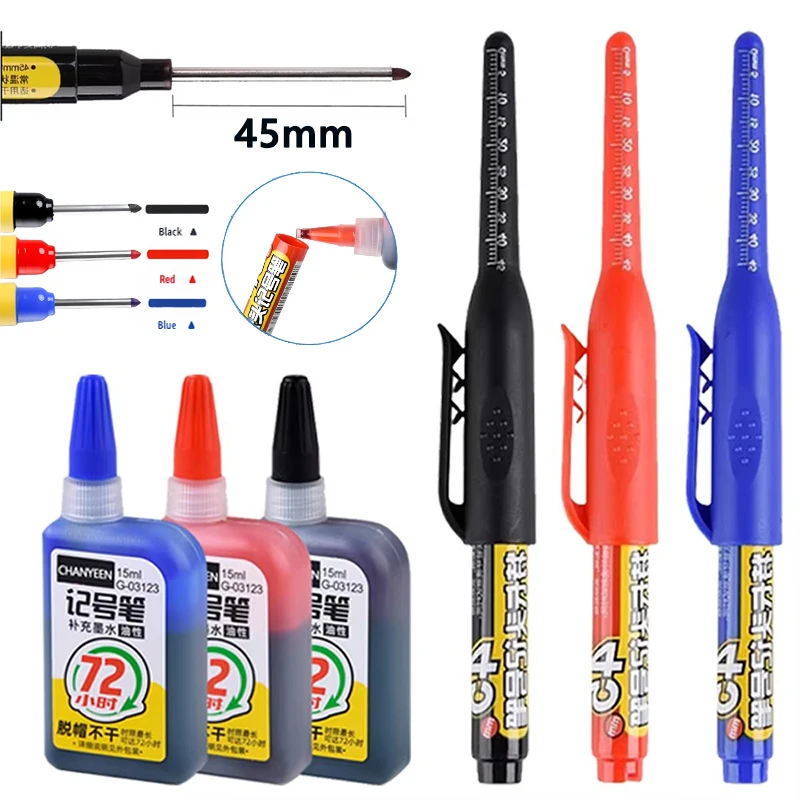 

45 мм водонепроницаемые маркеры с глубокими отверстиями, длинный наконечник, плотничья маркировочная ручка, черные/синие/красные чернила для многофункциональных деревообрабатывающих инструментов
