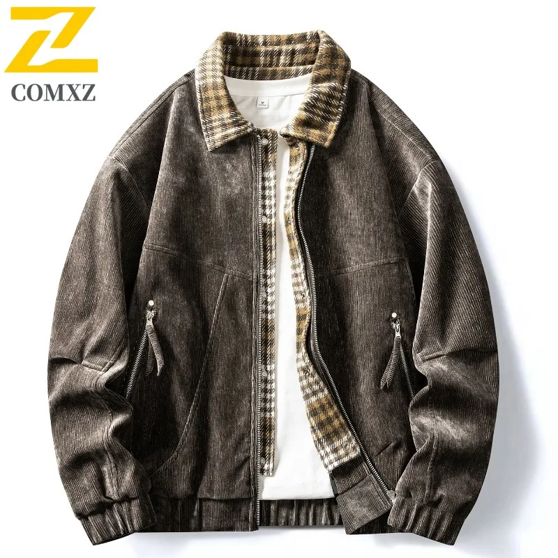 

COMXZ 2025 Men's Premium Corduroy Fake Two Piece Casual Jacket Trendy Plaid Turn Down Collar Business Lightweight Coat