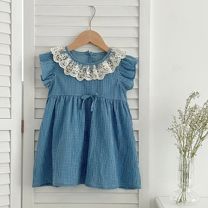 

Girls Sleeveless Dress Lace Collar Blue Grid Dress Summer Cute Embroidery Printed Princess Dress Toddler Kid Clothes For 2-6Y