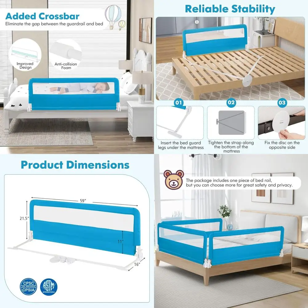 

Защитные бортики для детской кровати 59 дюймов, откидные, с ремнями, подходят для матрасов размеров Twin, Full, Queen, King (синие)