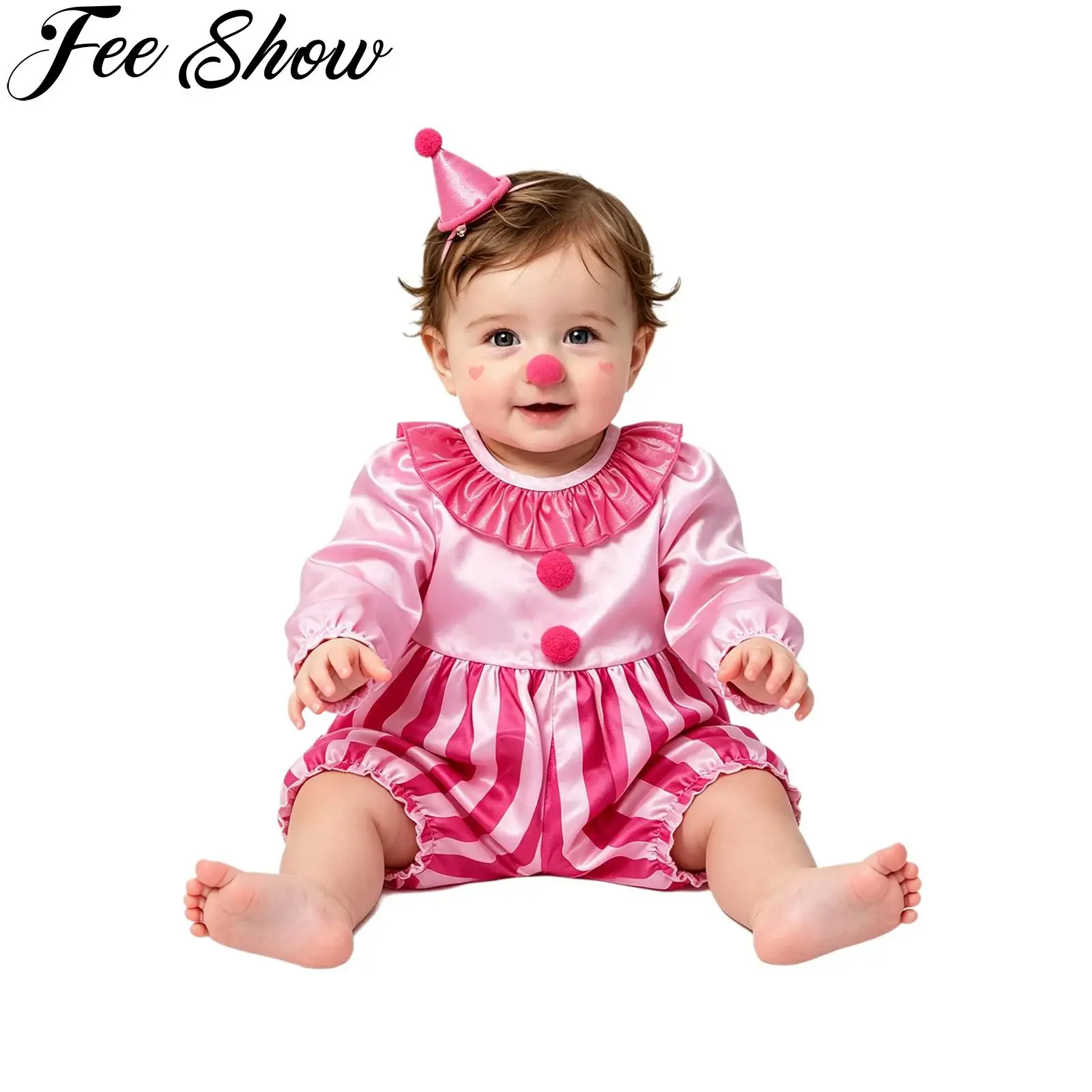 Baby Boys Girls Halloween Clown Costume Ruffled Collar Long Sleeve Pom-pom Striped Romper Carnival Cute Joker Cosplay Jumpsuit