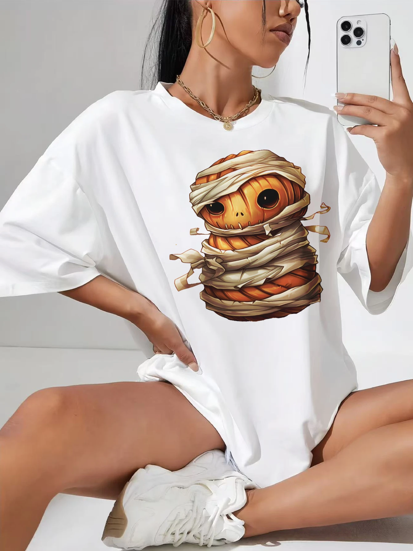

Scary Halloween Pumpkin Oversized plain white bump T-shirt crew neck stretchy maternity stretch sides