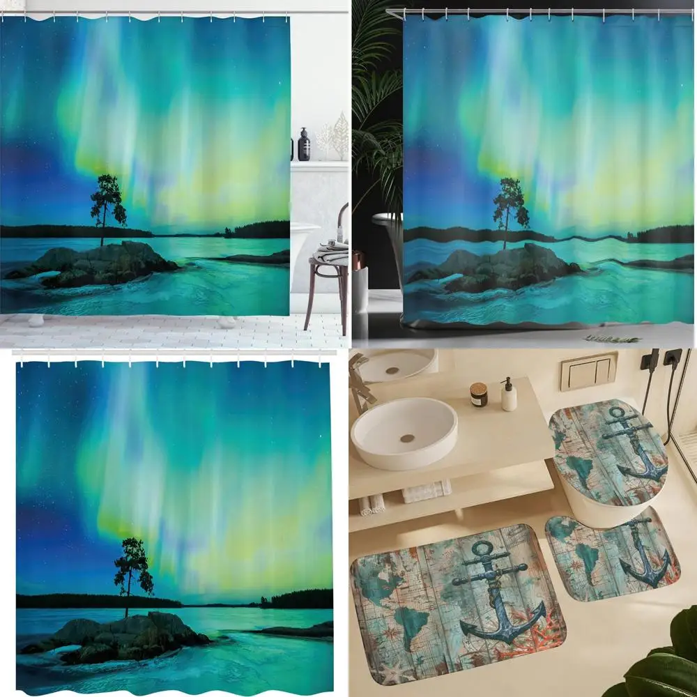 

Занавеска для душа с изображением дерева Северного сияния, пейзаж реки и камня, естественная красота земли на тканевой занавеске для ванны
