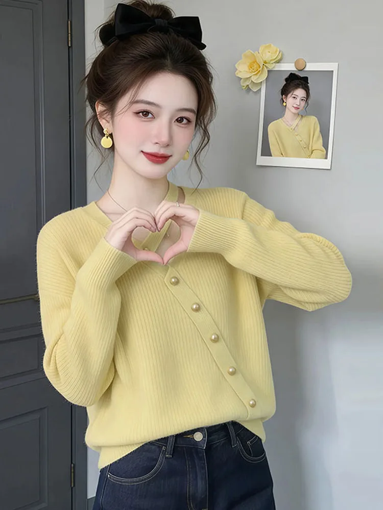 

Женский вязаный кардиган Ele с вырезами, модный дизайн весна-осень, желтый, повседневный, свободного кроя, свитер