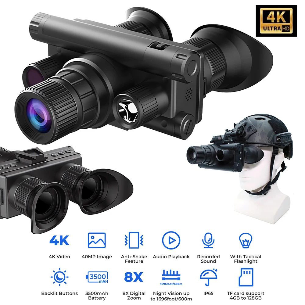 Night Vision Binoculars 8X Digital Zoom Tactical Helmet Head Mount Goggles Hunting Telescope 4K Infrared Binoculars 600M