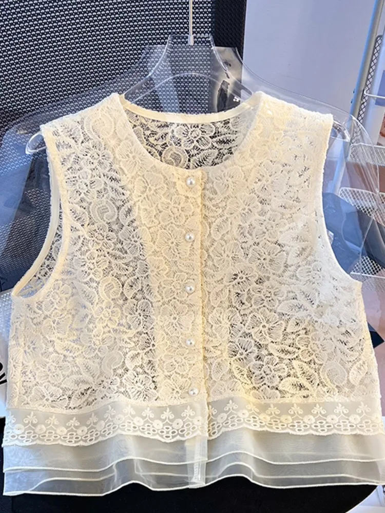 

Женская летняя свободная майка-топ с кружевной цветочной вышивкой, корейский стиль, с круглым вырезом и пуговицами
