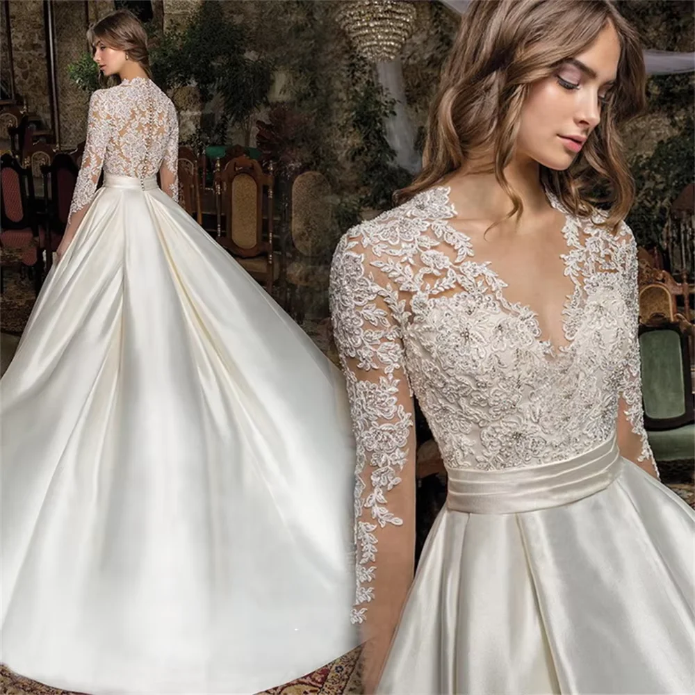 Maßgeschneiderte exquisite Brautkleider A-Linie Brautkleider Spitze lange Ärmel rückenfreie Brautkleider Prinzessin Roben De