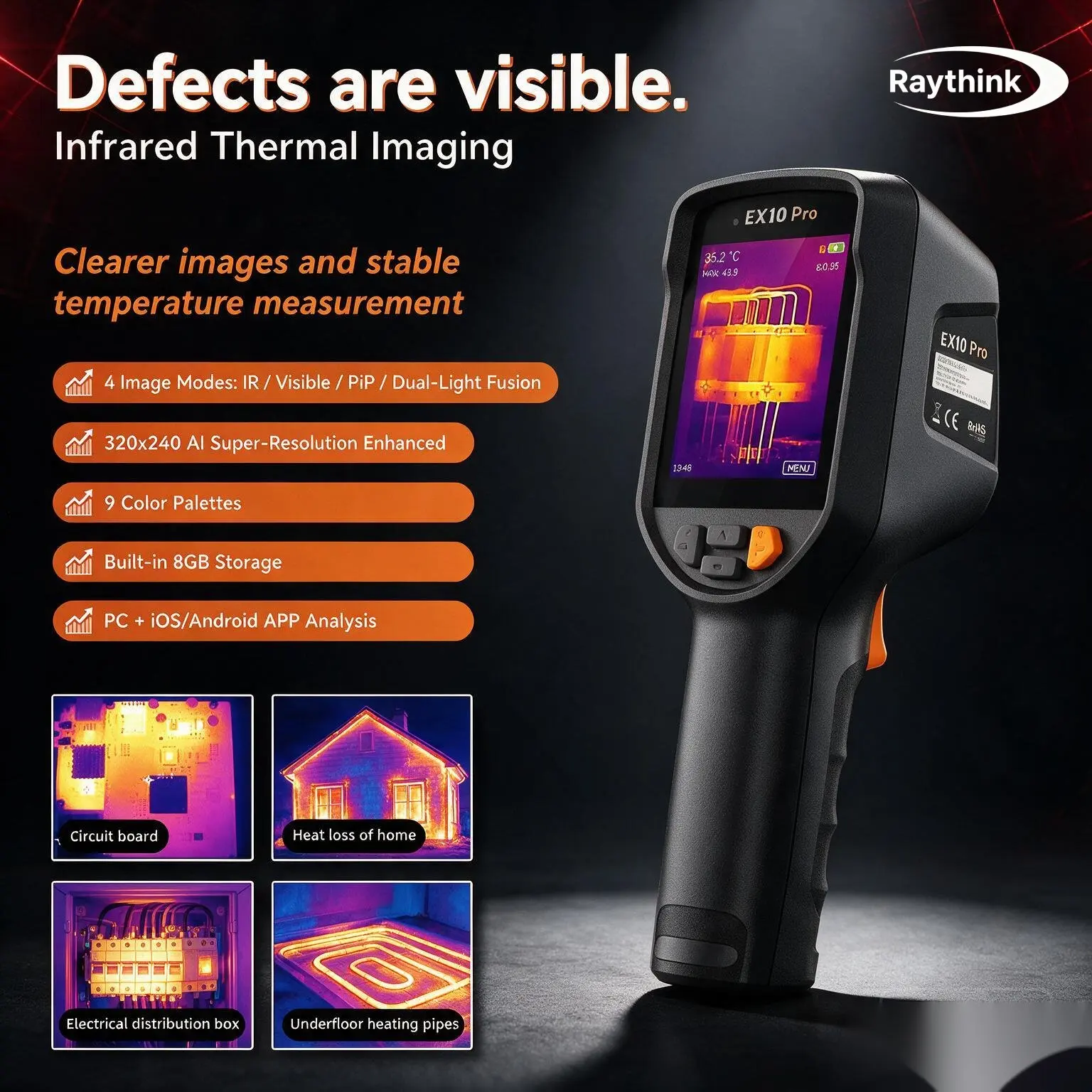 Raythink EX10 Pro Thermal Camera PiP Picture in Picture 8GB Storage 320x240 AI Super Resolution for Building Heat Loss Checks