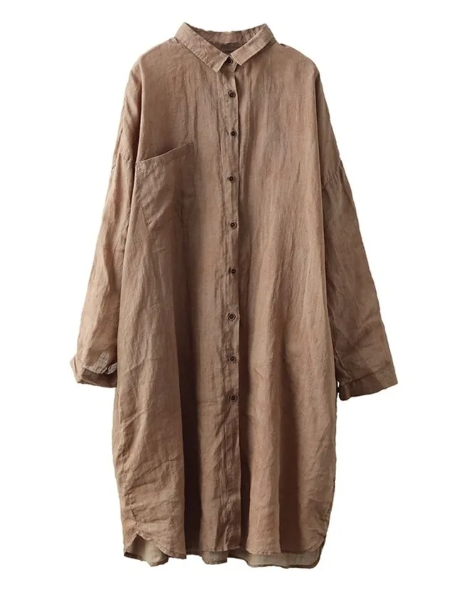 Retro algodão linho irt tamanho grande feminino cor pura k estampado comprimento médio único ket aberto cardigan outono nova chegada