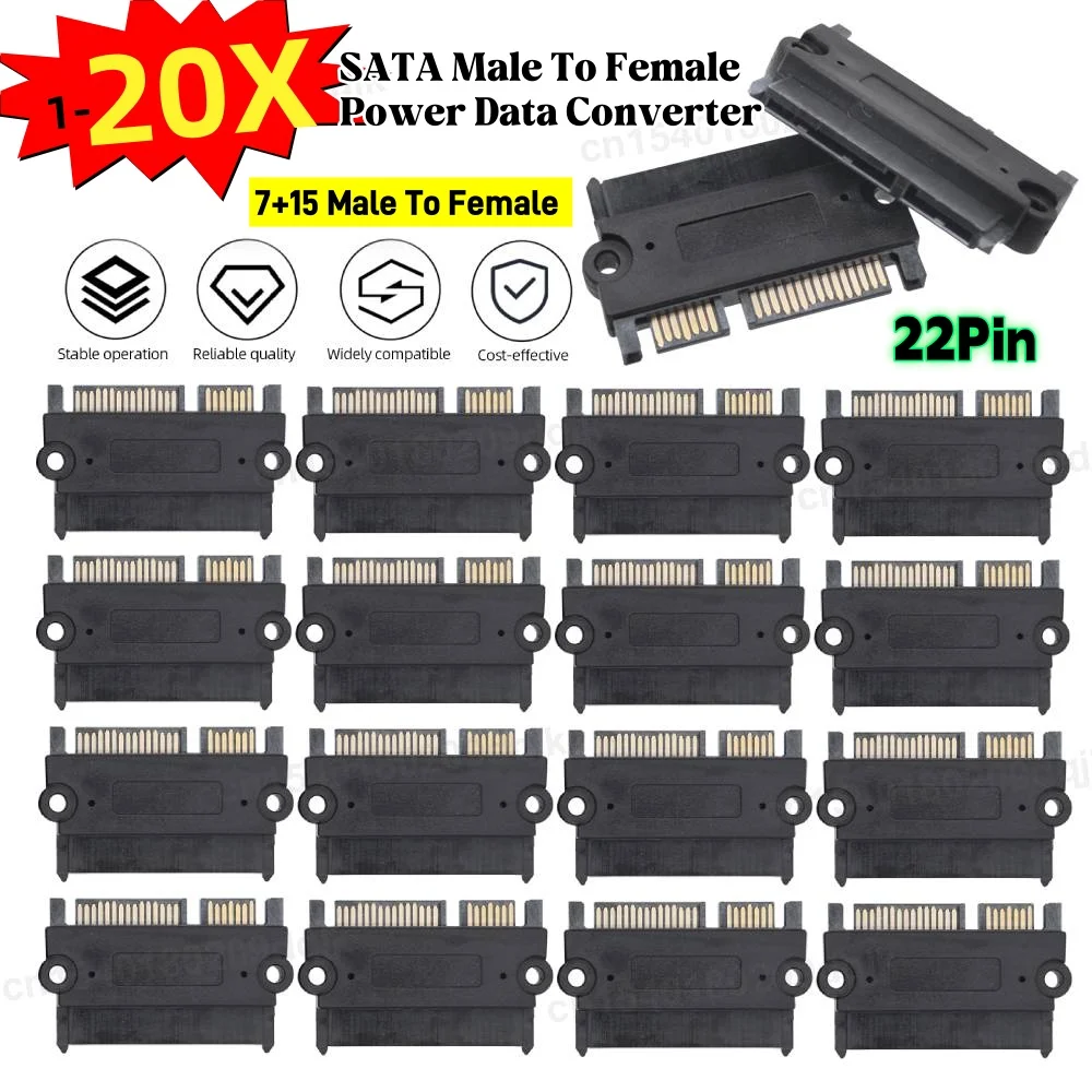 1-20pc SATA Male To Female Power Data Converter 22Pin 7+15 Male To Female Converter Head Power Data Adapter SATA To SATA Adapter