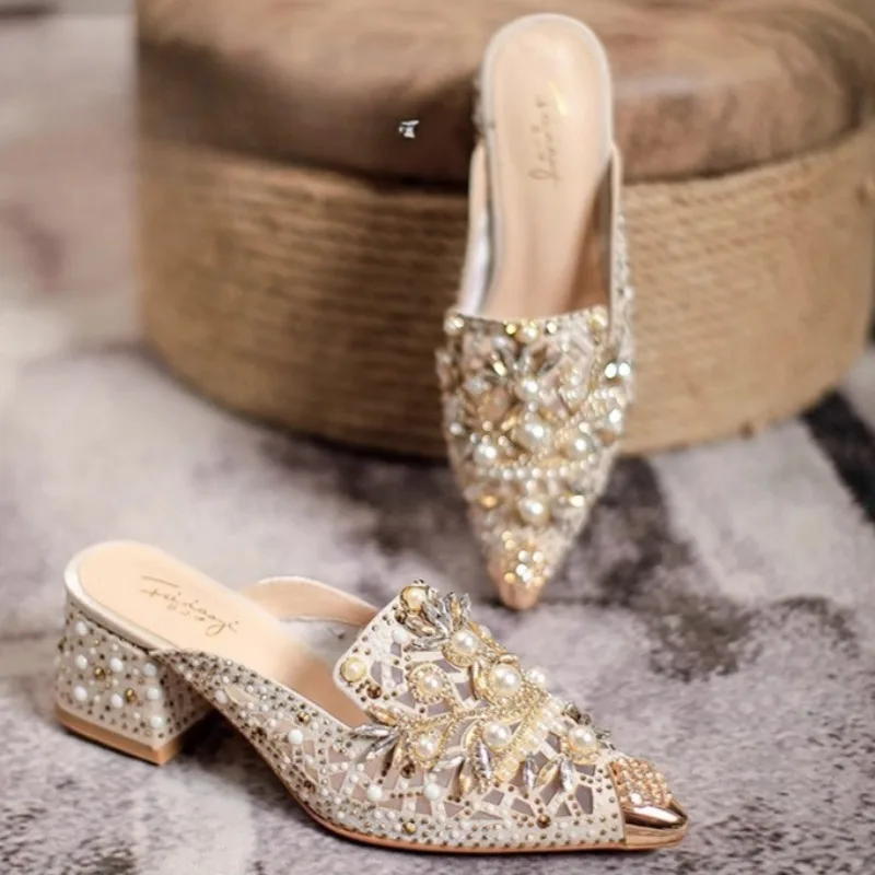 

High Quality Women's High Heel Sandals Mesh Baotou Handmade Rhinestone Women Half Slippers Fad Elegant Temperament Women's Shoes