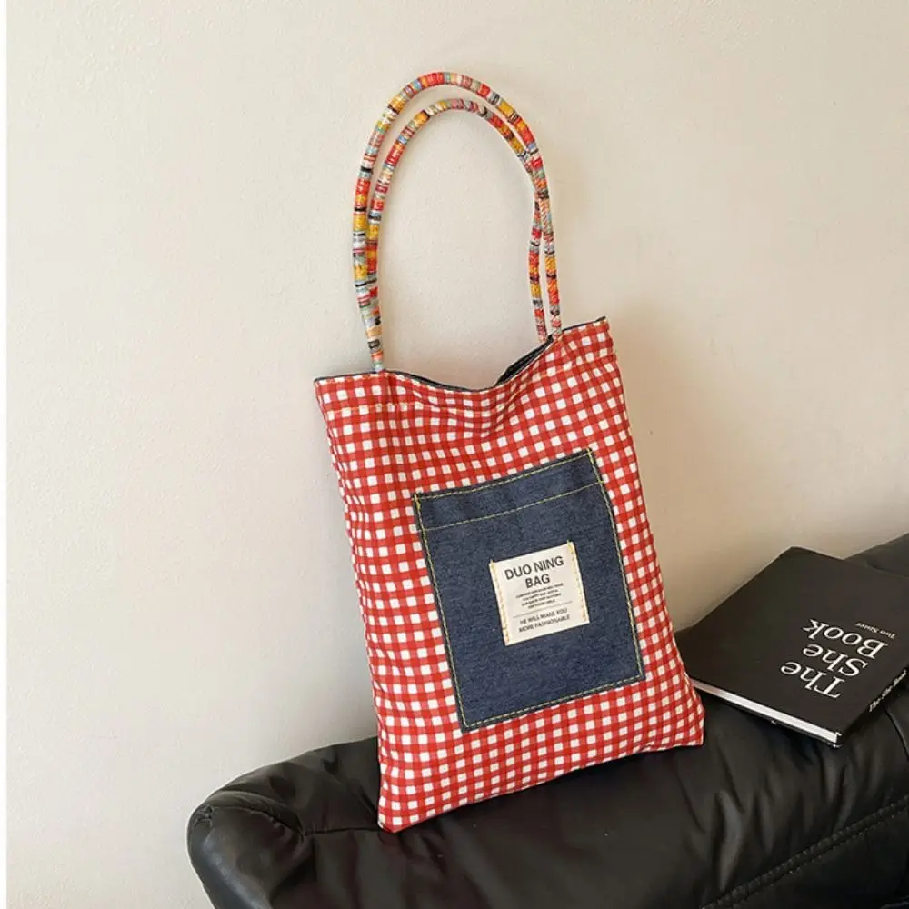 

Cloth Double Sided Plaid Canvas Bag Retro Large Capacity Denim Shoulder Bag Handbag Korean Style Bohemian Messenger Bag Travel