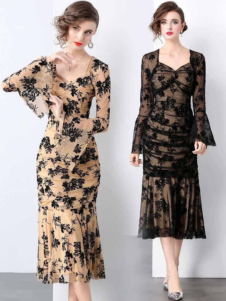 

Elegant Slim Flare Long Sleeved Flock Vintage Party Women Dresses European Fashionable Luxurious Retro Fishtail Dress