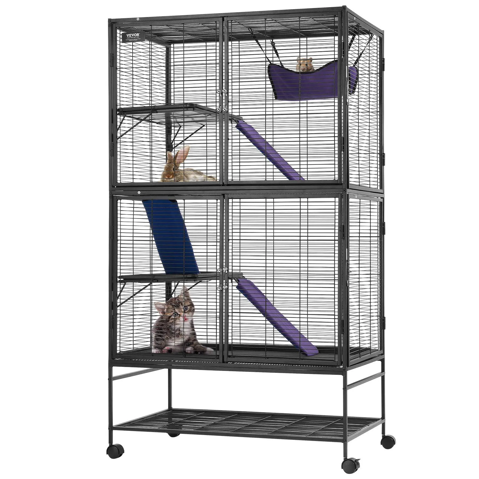 

64.6" Metal Small Animal Cage 4-Tier Rolling Ferret Cage with Tray 3 Ramps