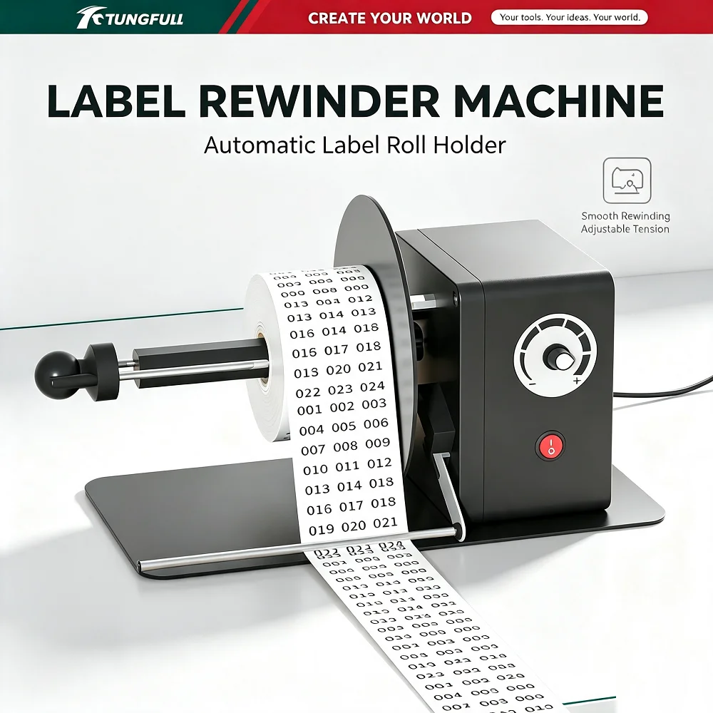 TUNGFULL 12V Automatic Label Rewinder Stepless Speed Adjustable Auto-Sensing Barcode Sticker Printer Dispenser