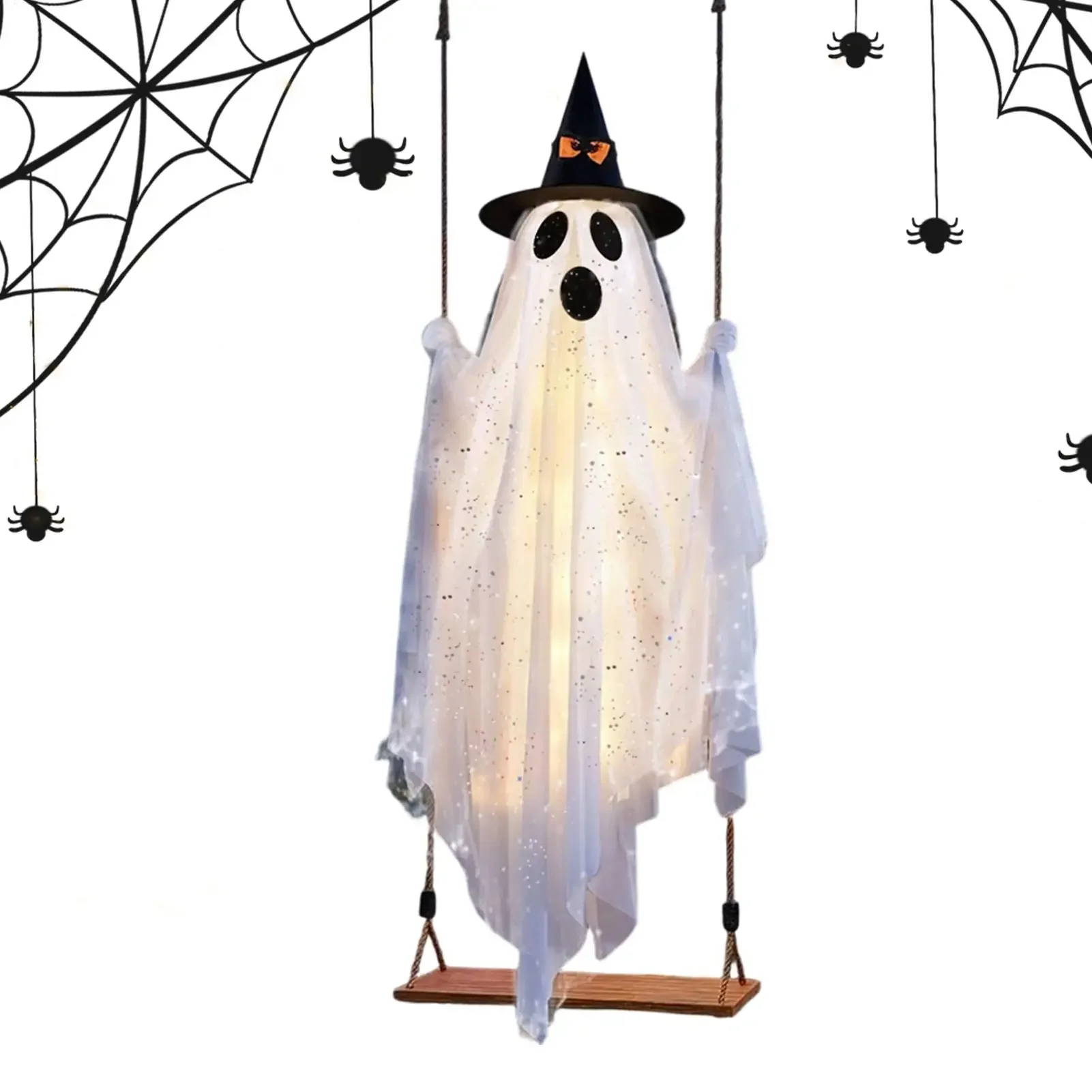 Swinging Ghost Outdoor Decor With Butterfly Hat Light-Up Large Spooky Garden Decor Outdoor Haunted House Halloween Props For