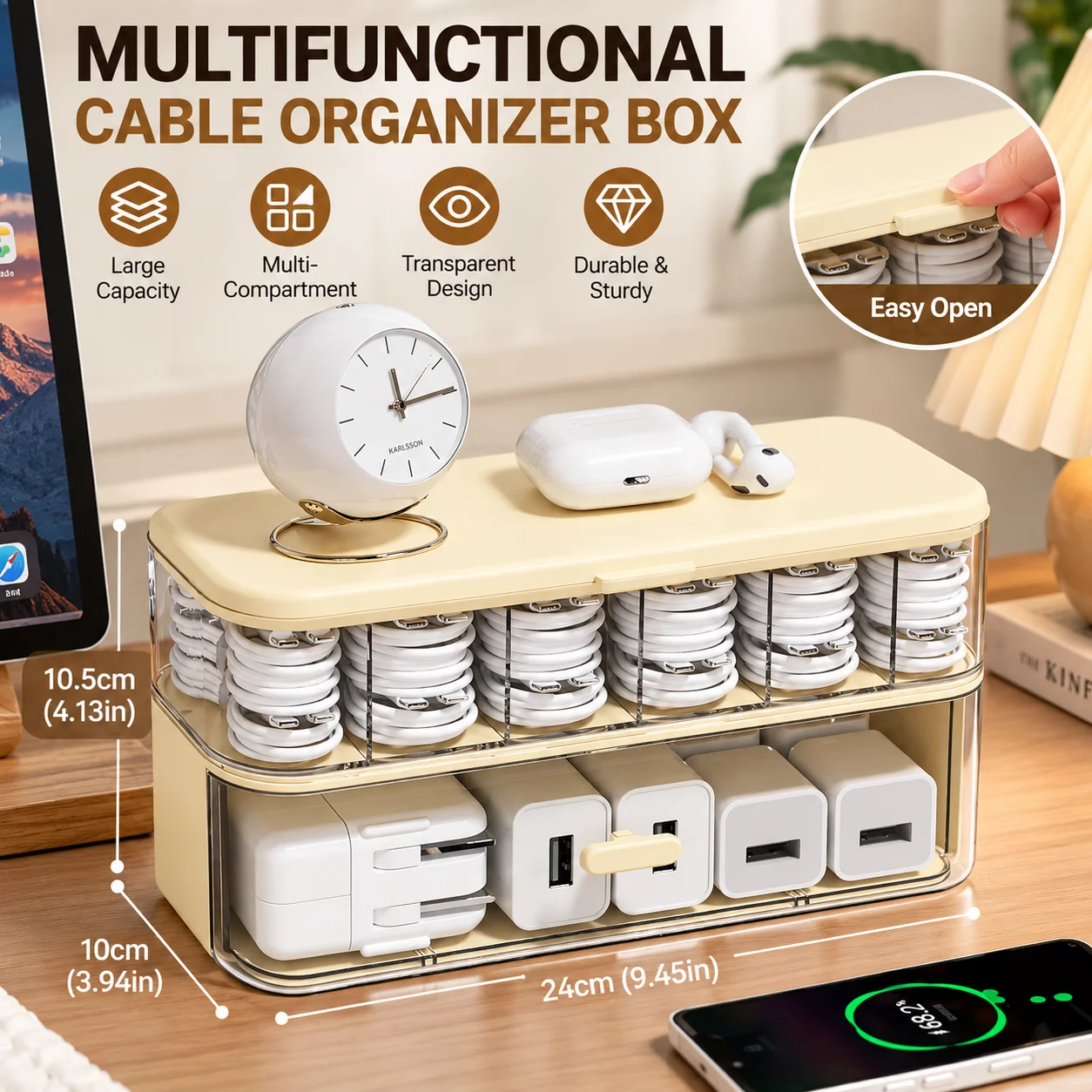 Double Layer Transparent Desktop Cable Organizer Box Adjustable Compartment Cord Charger Storage for Home Office Wire Management
