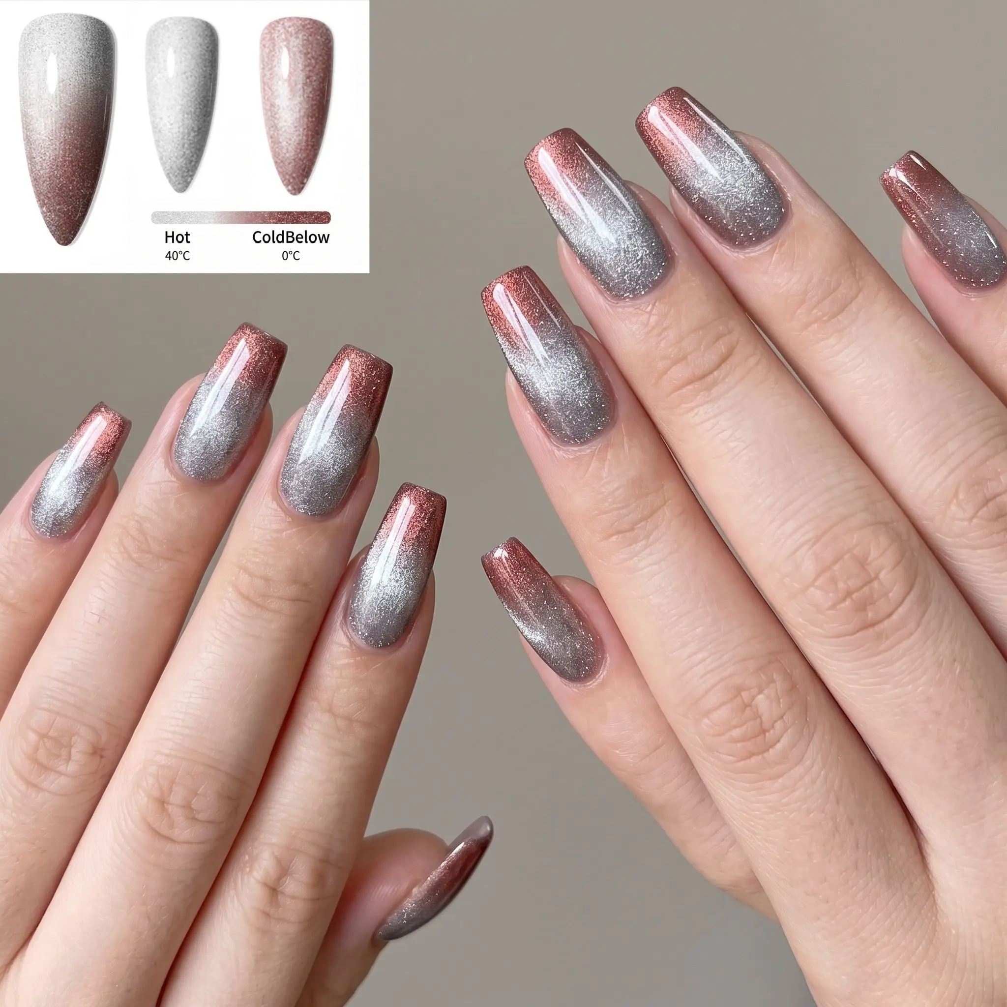 Hassleless Silver-White to Red-Brown Temperature-Changing Nail Polish Gel, Single Bottle Light Luxury Retro Style, with Temperature-Sensitive Color-Changing Properties. The Nail Polish Gel Applies Smoothly and Has a Ve