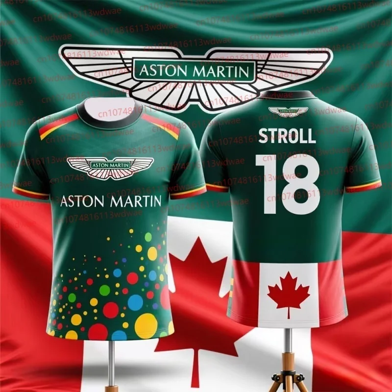 Camiseta de Carreras Aston Martin Team Stroll 18 F1, Cuello Redondo, Manga Corta, Souvenir para Fanáticos, Ropa Deportiva Informal, Transpirable para Verano