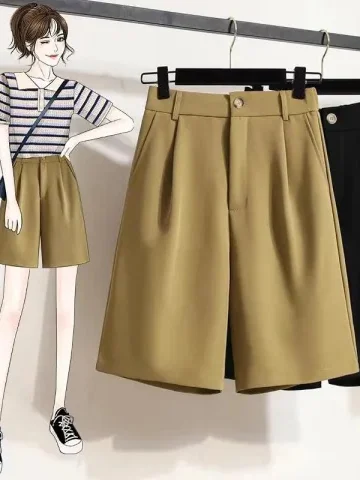 

plus Size Women's Summer Drapey Suit Wide Leg Shorts Loose Hip Covering Slimming Casual Pants High Waist Straight Leg Trousers