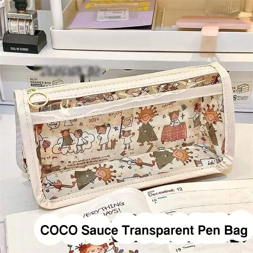 Large Capacity Pen Bag Cartoon Stable Triangle Base Transparent Pen Box Cute Girl Pattern Storage Bag School Office