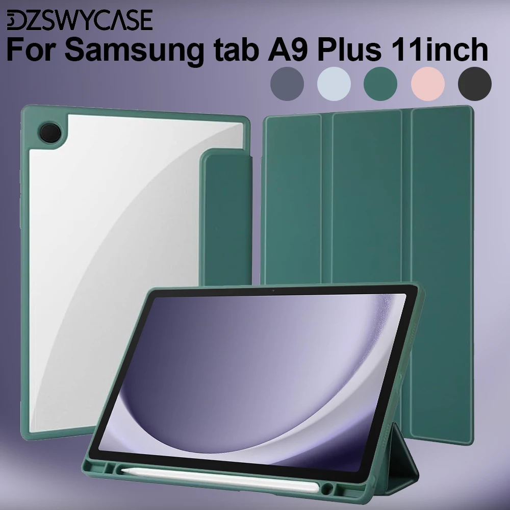 

Case for Samsung Galaxy tab A9 Plus 11-Inch 2023, Acrylic Tri-Fold PU Leather Case, with Pencil Holder, Transparent Back Cover