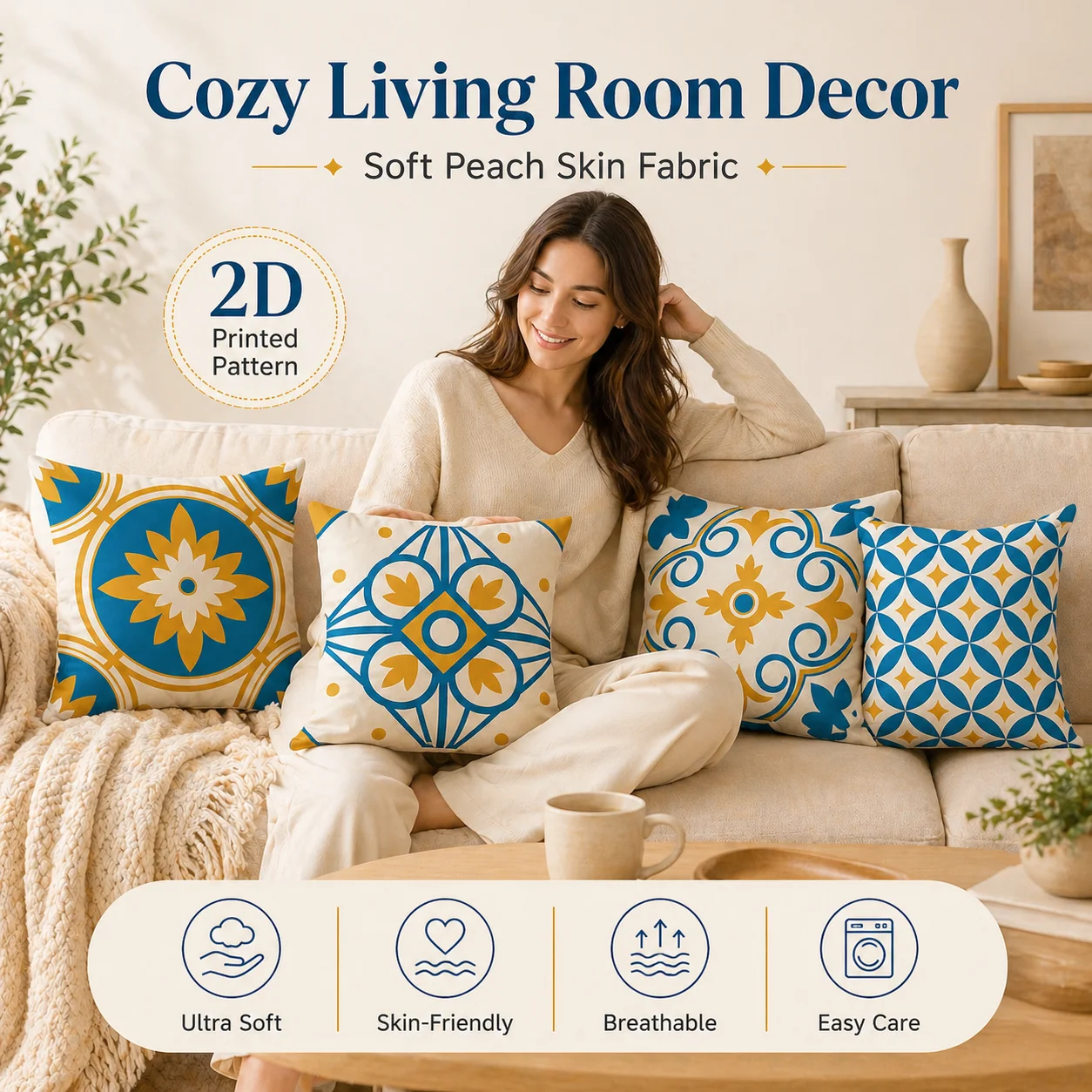 Mediterranean Tile Pattern Pillow Cover 2D Flat Print Peach Skin Cushion Cover Blue Yellow Boho Couch Living Room Decor 45x45