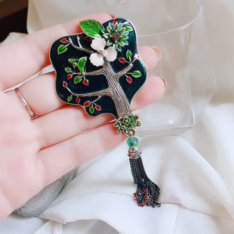 Broche en éventail classique chinois pour femme, Vintage, en émail, fleurs, feuille de bananier, Corsage, veste de haute qualité, épingles Cheongsam, accessoires